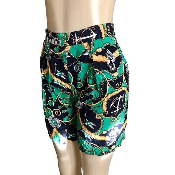 Vintage high rise shorts size XS 1990s women fashion nautical print in Green gol - Picture 3 of 9